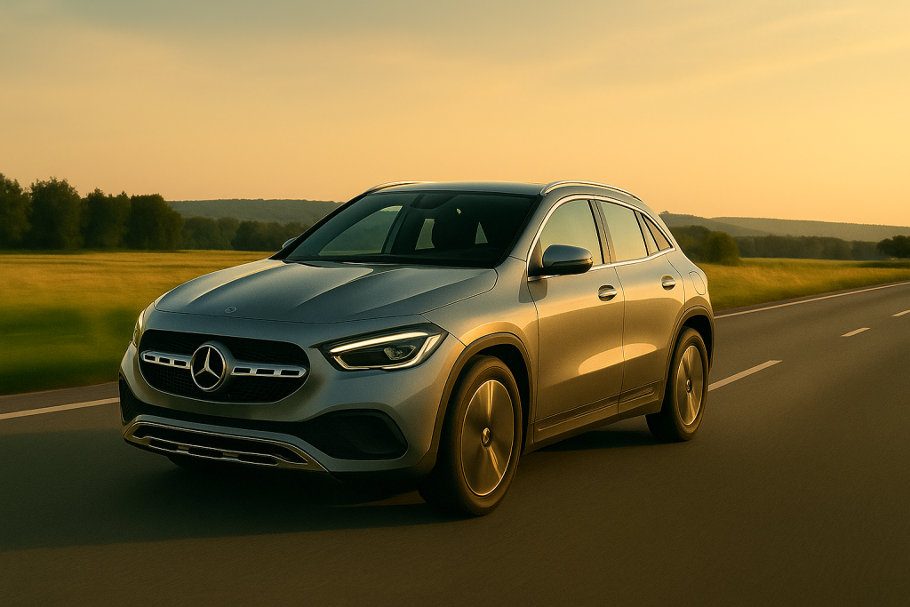 Obraz pokazujący srebrnego Mercedesa-Benz GLA jadącego po gładkiej, dwupasmowej drodze w malowniczym, wiejskim krajobrazie. Samochód jest uchwycony w ruchu, co podkreśla jego dynamiczny charakter i aerodynamiczną sylwetkę