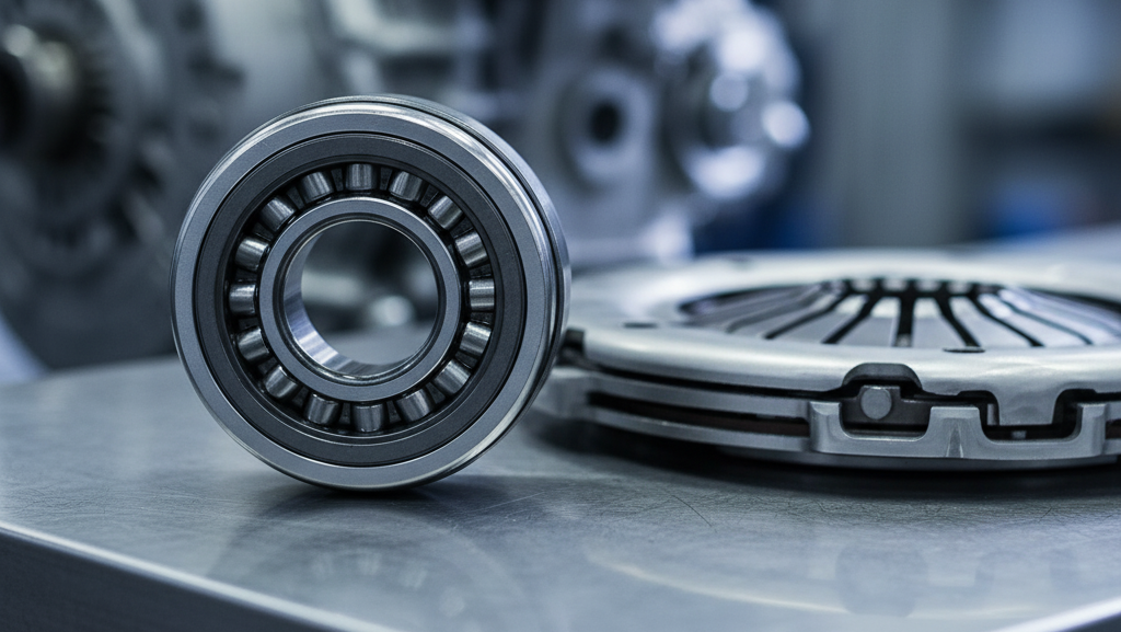 Obraz pokazujący scenę z warsztatu samochodowego skupiającą się na elementach układu sprzęgła i skrzyni biegów, wykonaną w chłodnej, industrialnej kolorystyce