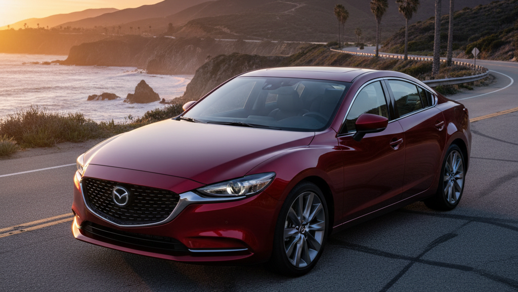 Obraz pokazujący czerwoną Mazdę 6, zaparkowaną na krętej drodze