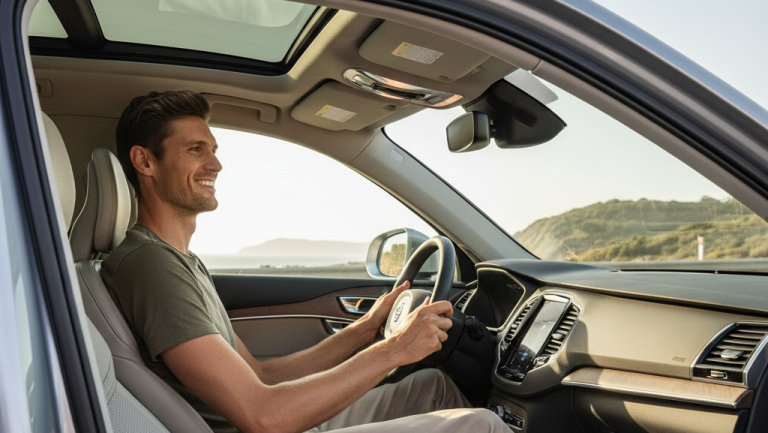 Obraz pokazuje uśmiechniętego, wysokiego mężczyznę siedzącego za kierownicą samochodu marki Volvo (prawdopodobnie modelu XC90) w słoneczny dzień
