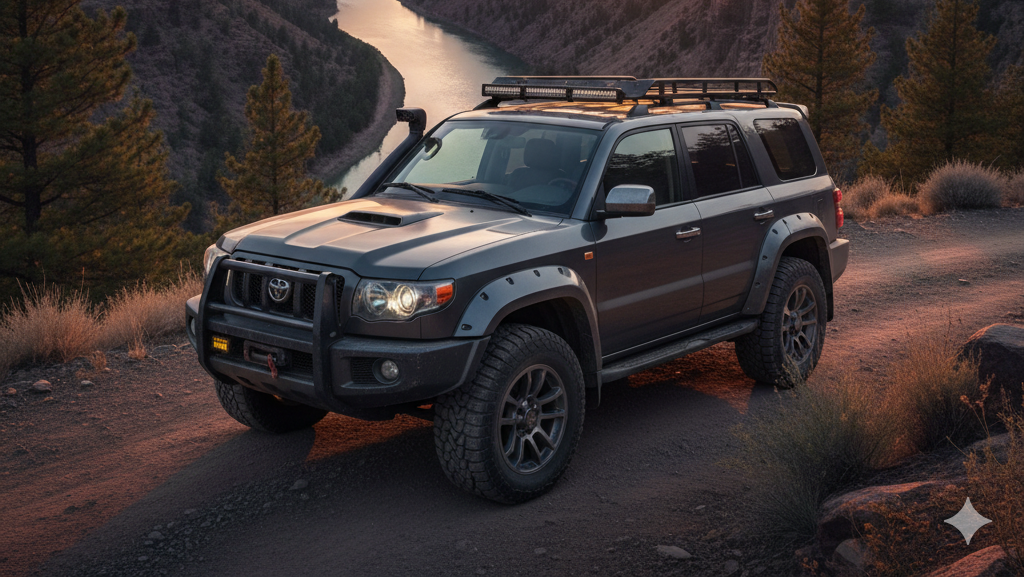 Obraz pokazujący ciemnoszarego SUV-a zaparkowanego na szutrowej drodze, z rozległym krajobrazem kanionu w tle