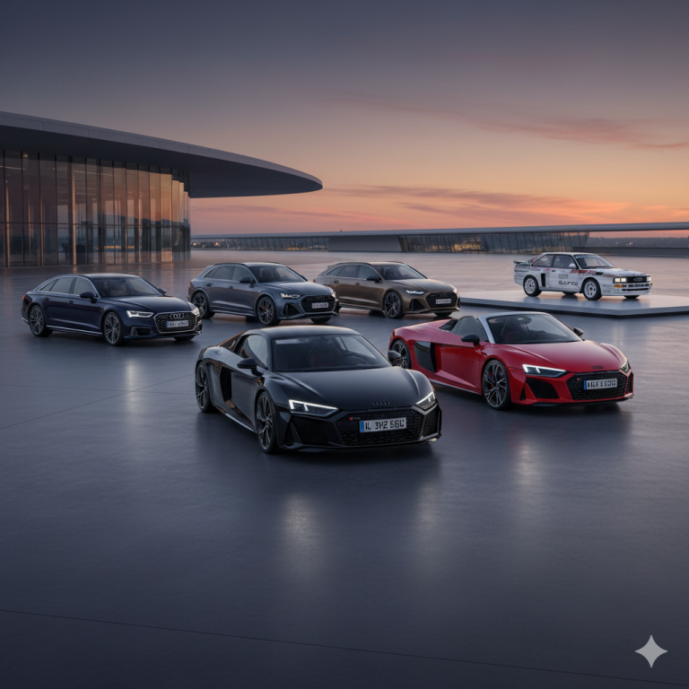 Obraz pokazujący sześć różnych modeli Audi, wszystkie zaparkowane na dużej, nowoczesnej powierzchni przypominającej lądowisko lub taras na dachu, z nowoczesnym budynkiem w tle