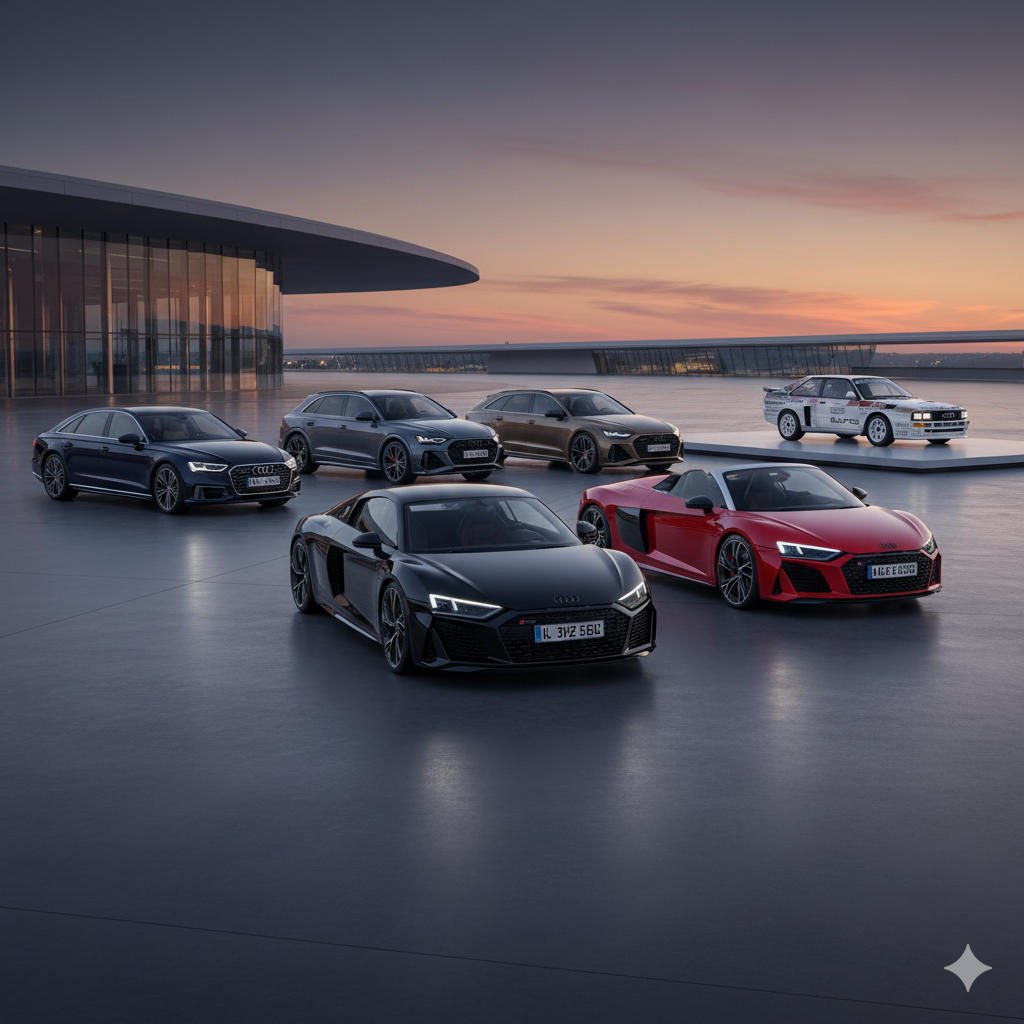 Obraz pokazujący sześć różnych modeli Audi, wszystkie zaparkowane na dużej, nowoczesnej powierzchni przypominającej lądowisko lub taras na dachu, z nowoczesnym budynkiem w tle