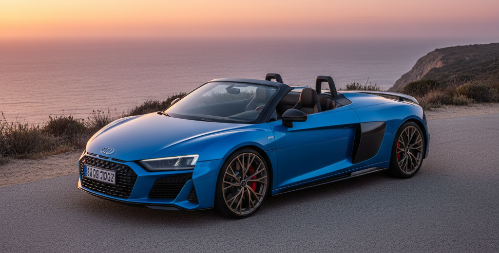 Obraz pokazujący luksusowe, sportowe auto Audi R8 Spyder V10 performance quattro w intensywnym, błękitnym kolorze