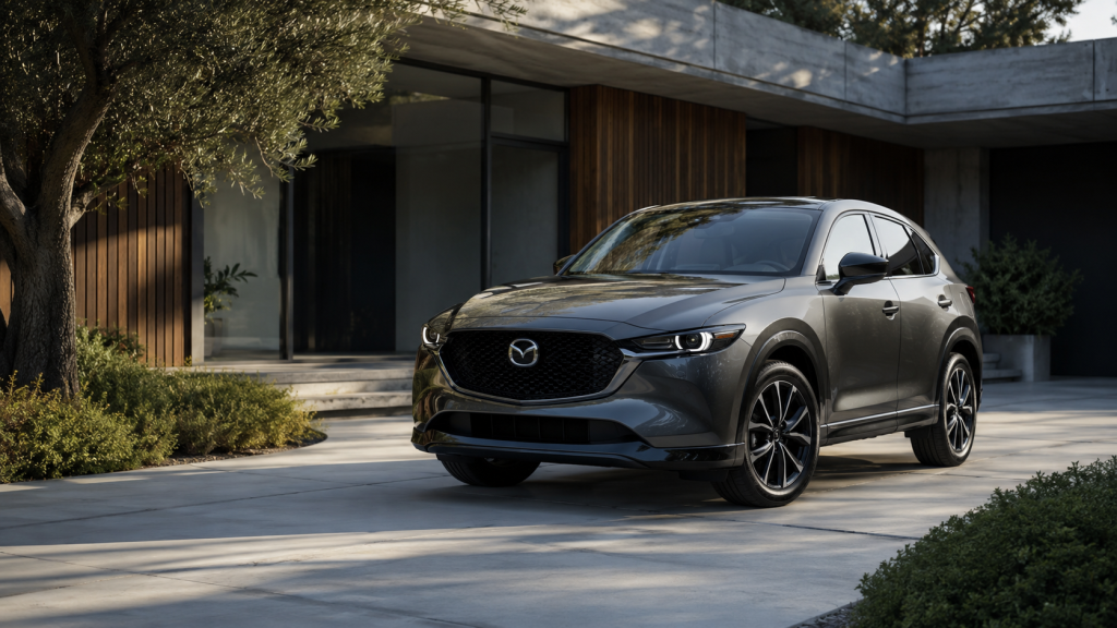Na obrazie widoczny jest nowoczesny, ciemnoszary samochód marki Mazda zaparkowany na przestronnym podjeździe przed minimalistycznym domem o współczesnej architekturze