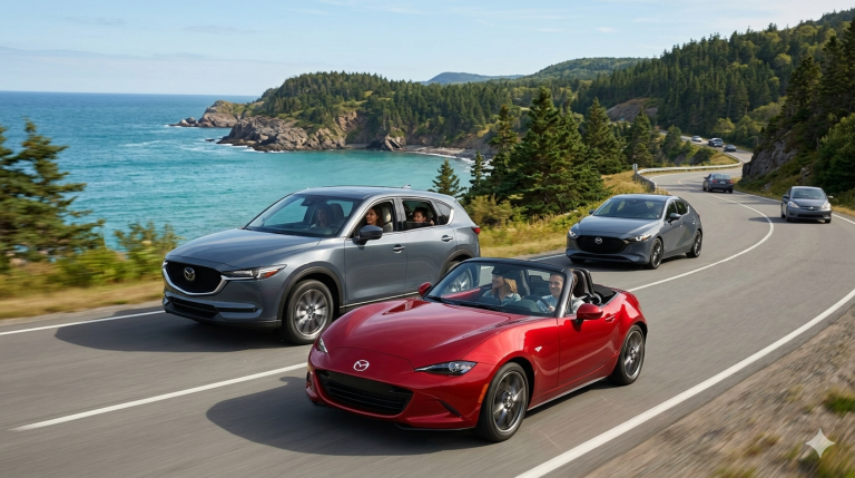 Obraz przedstawia samochody marki Mazda w realistycznych, naturalnych warunkach drogowych