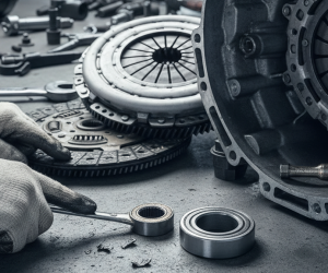 Obraz pokazujący scenę z warsztatu samochodowego skupiającą się na elementach układu sprzęgła i skrzyni biegów, wykonaną w chłodnej, industrialnej kolorystyce