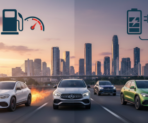 Obraz pokazujący dwie części kadr przedstawiający autostradę na tle panoramy miasta o zachodzie słońca